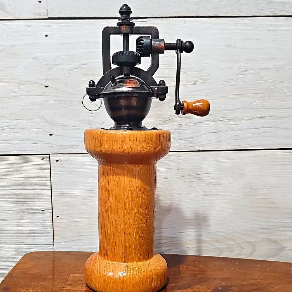 Vintage Style Hand Crank Pepper Mill Grinder Wood Base Steampunk Rustic 10"
